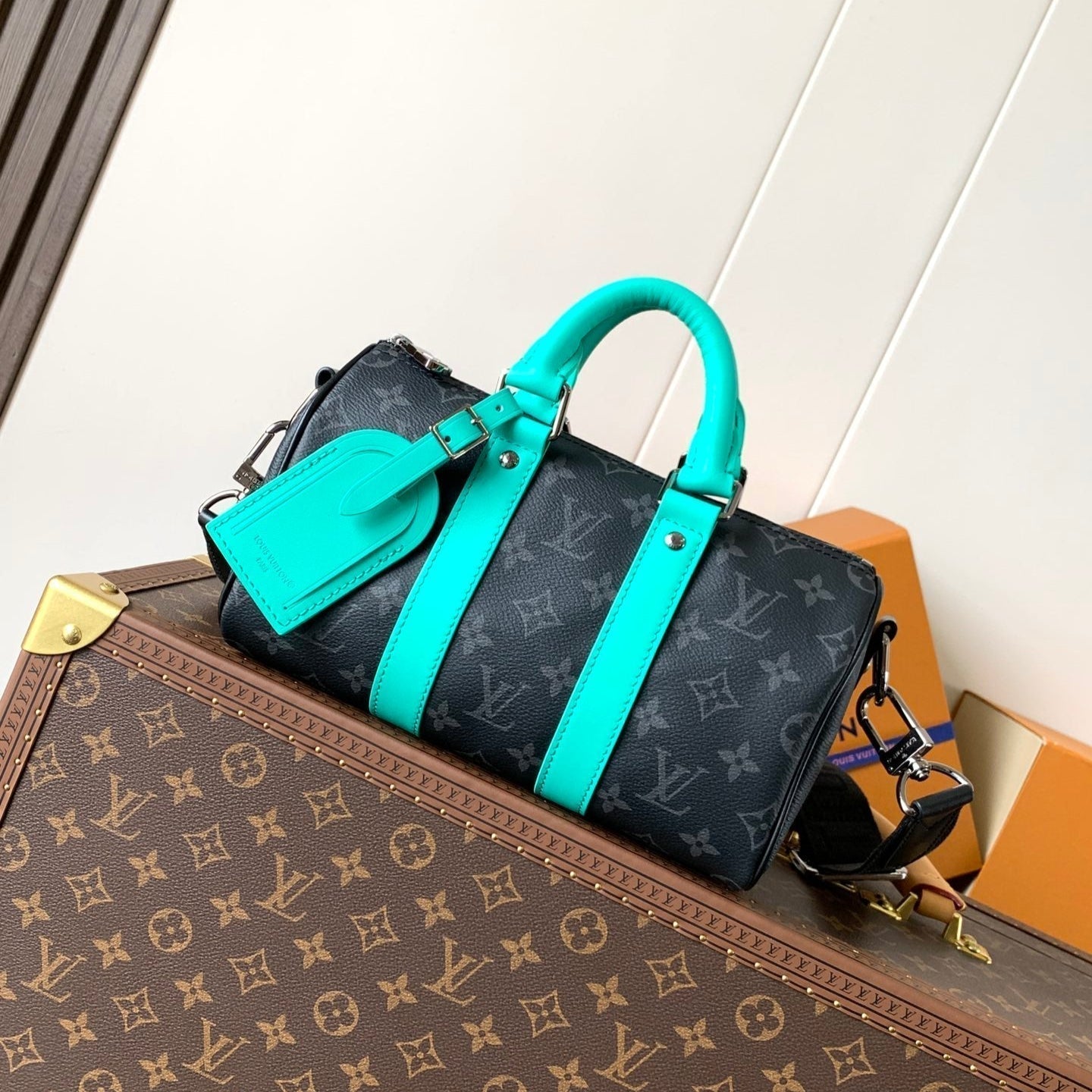 LOUIS VUITTON LV 25S KEEPALL 25 WITH SHOULDER STRAP IN BLACK AQUA COATED MONOGRAM ECLIPSE CANVAS AND CALFSKIN