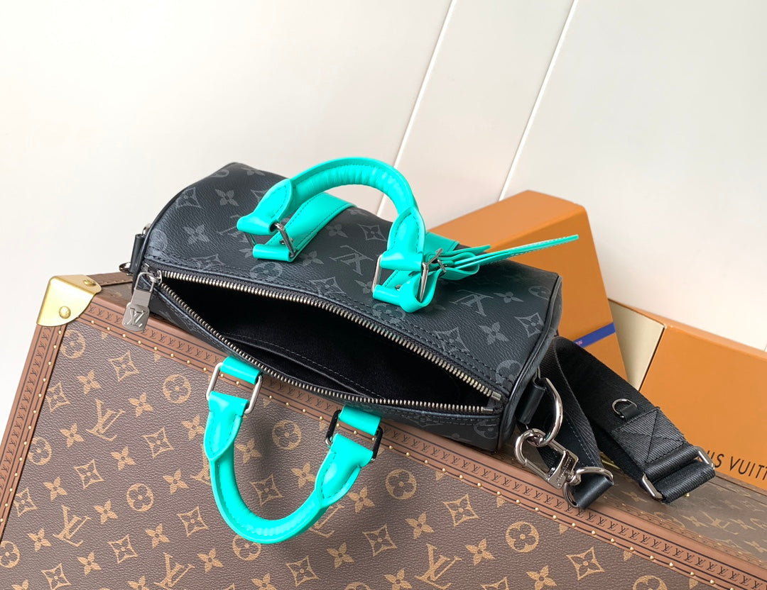 LOUIS VUITTON LV 25S KEEPALL 25 WITH SHOULDER STRAP IN BLACK AQUA COATED MONOGRAM ECLIPSE CANVAS AND CALFSKIN
