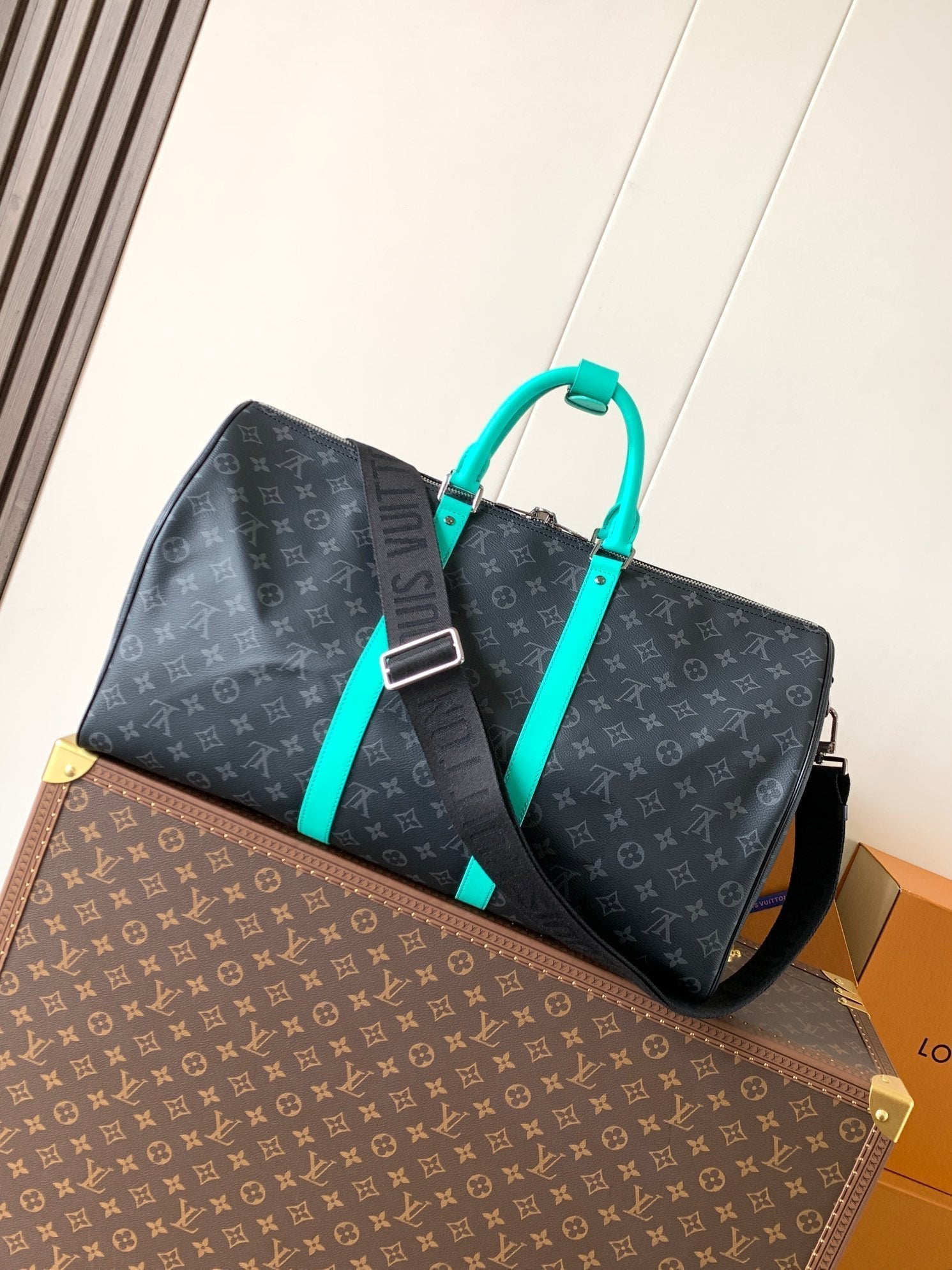 LOUIS VUITTON LV 25S KEEPALL 50 WITH SHOULDER STRAP IN BLACK AQUA COATED MONOGRAM ECLIPSE CANVAS AND CALFSKIN