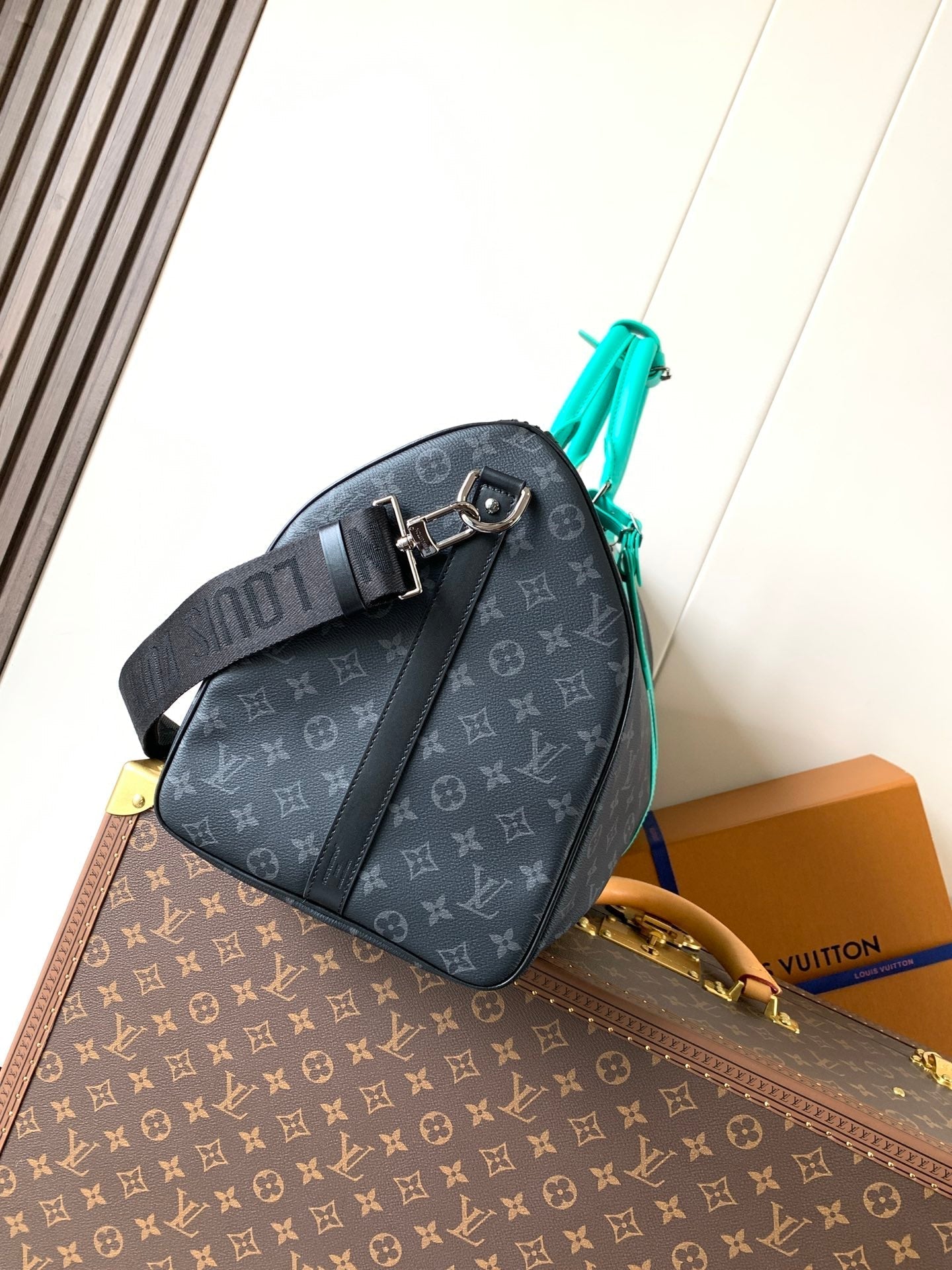 LOUIS VUITTON LV 25S KEEPALL 50 WITH SHOULDER STRAP IN BLACK AQUA COATED MONOGRAM ECLIPSE CANVAS AND CALFSKIN