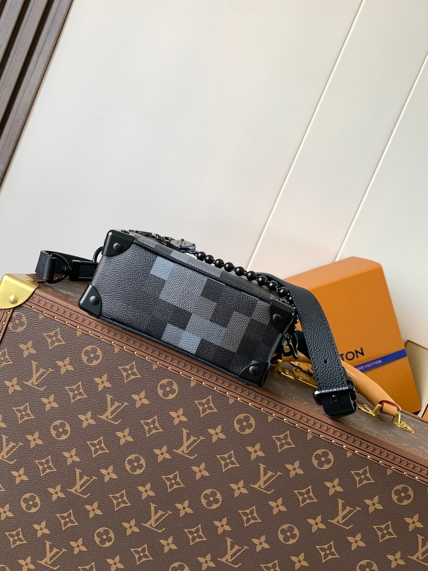 LOUIS VUITTON LV 25S MINI SOFT TRUNK BOX BAG 18 IN DAMOFLAGE BLACK CANVAS AND CALFSKIN