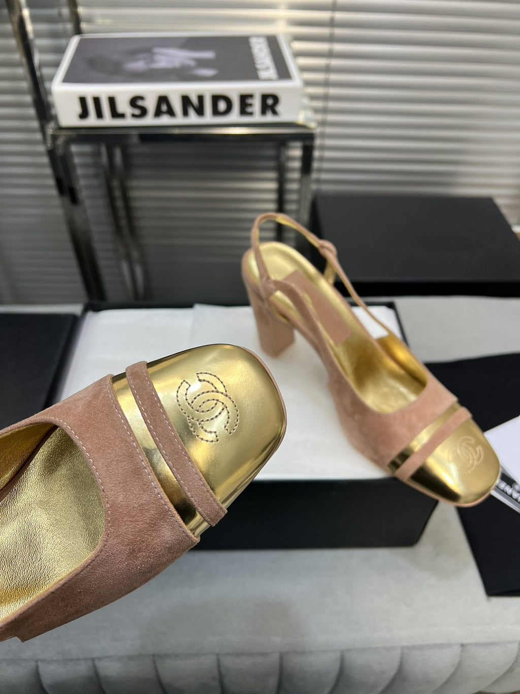 CHANEL slingback rose suede gold metalic lambskin square toe 9.5
