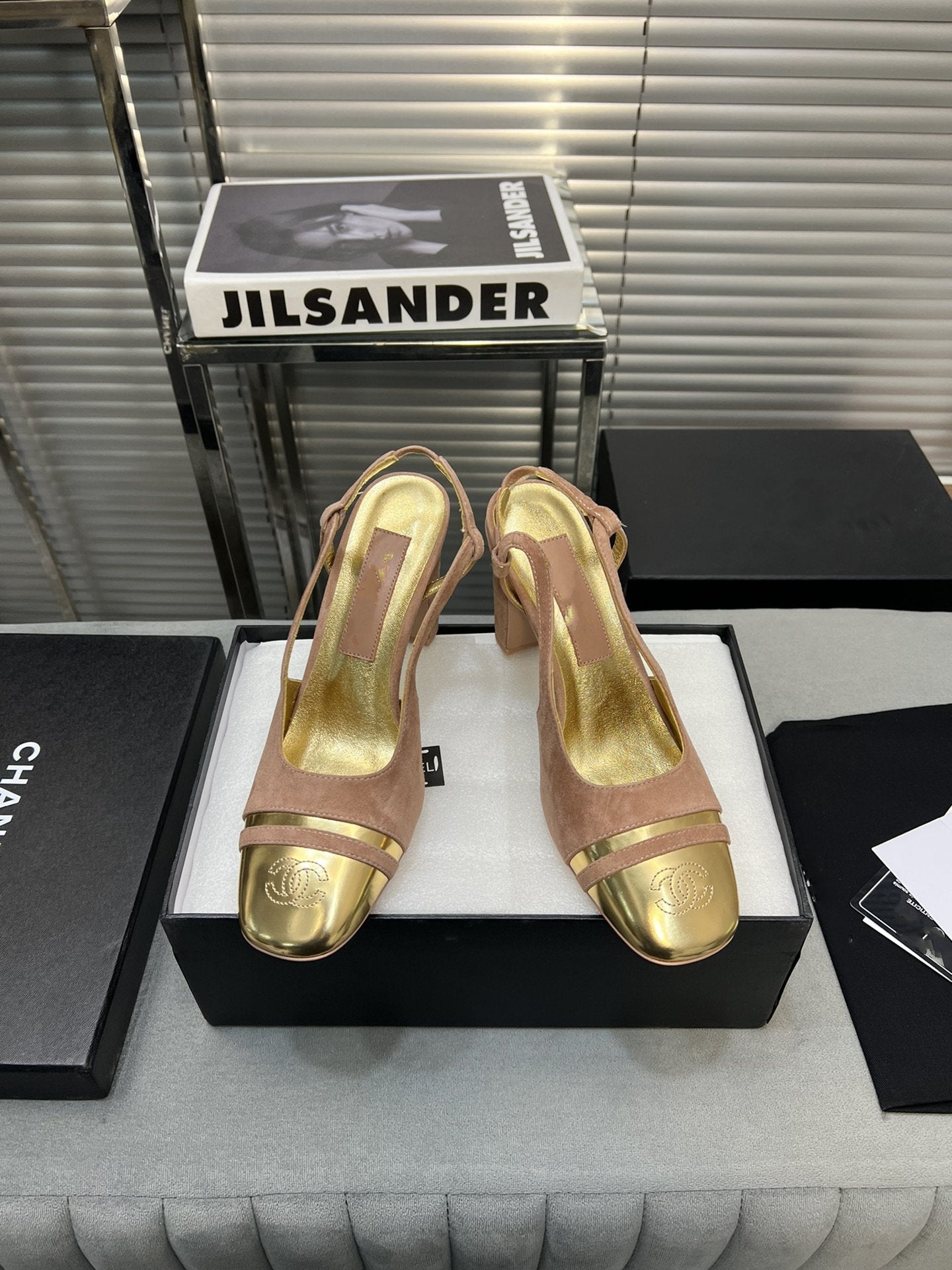 CHANEL slingback rose suede gold metalic lambskin square toe 9.5