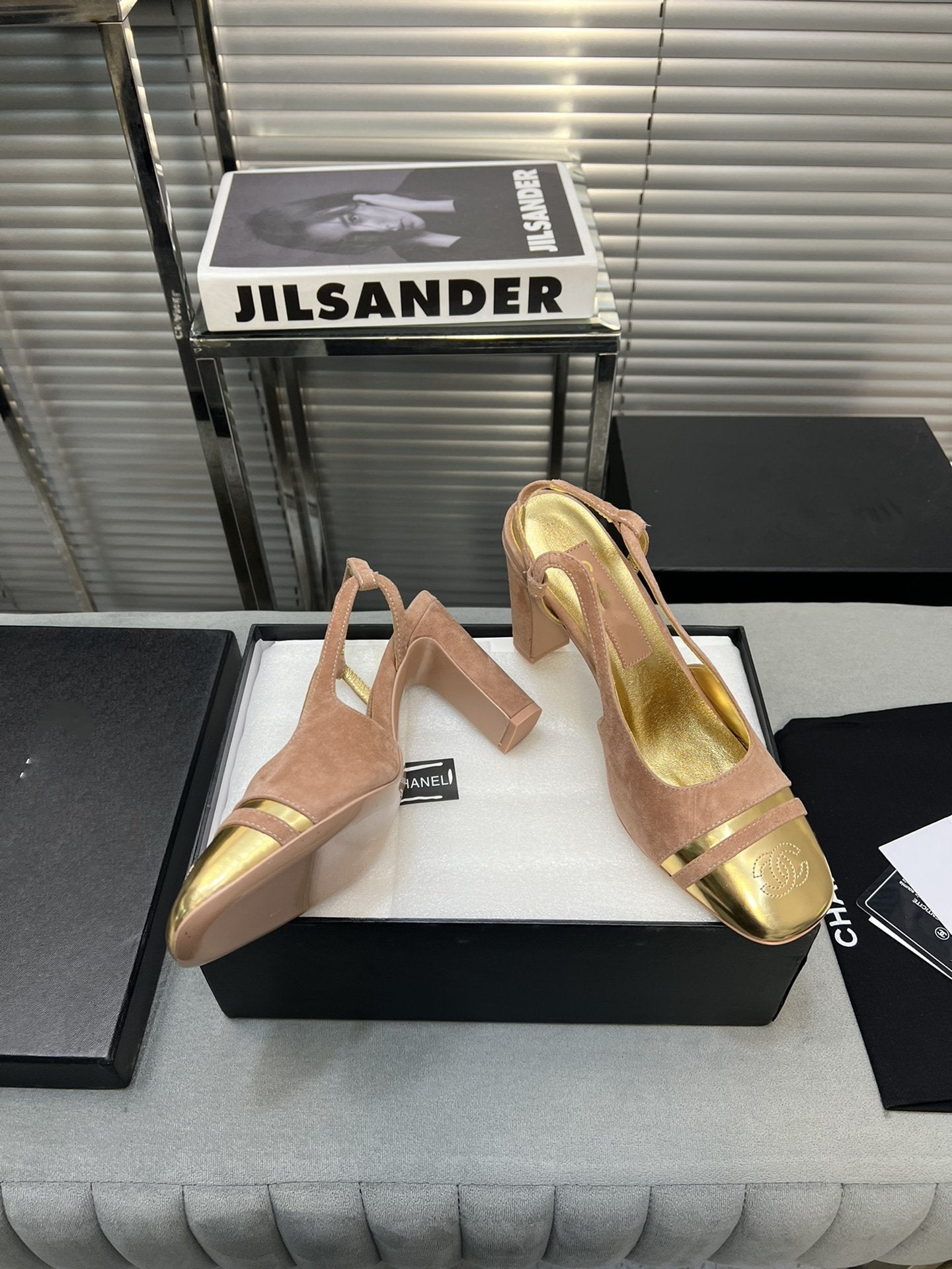 CHANEL slingback rose suede gold metalic lambskin square toe 9.5