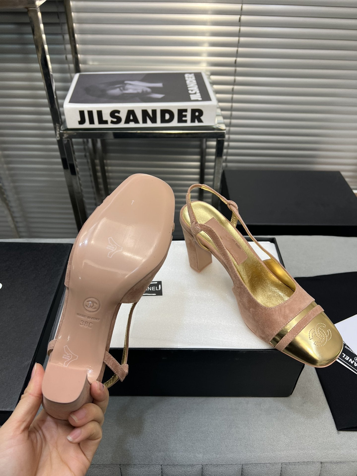 CHANEL slingback rose suede gold metalic lambskin square toe 9.5