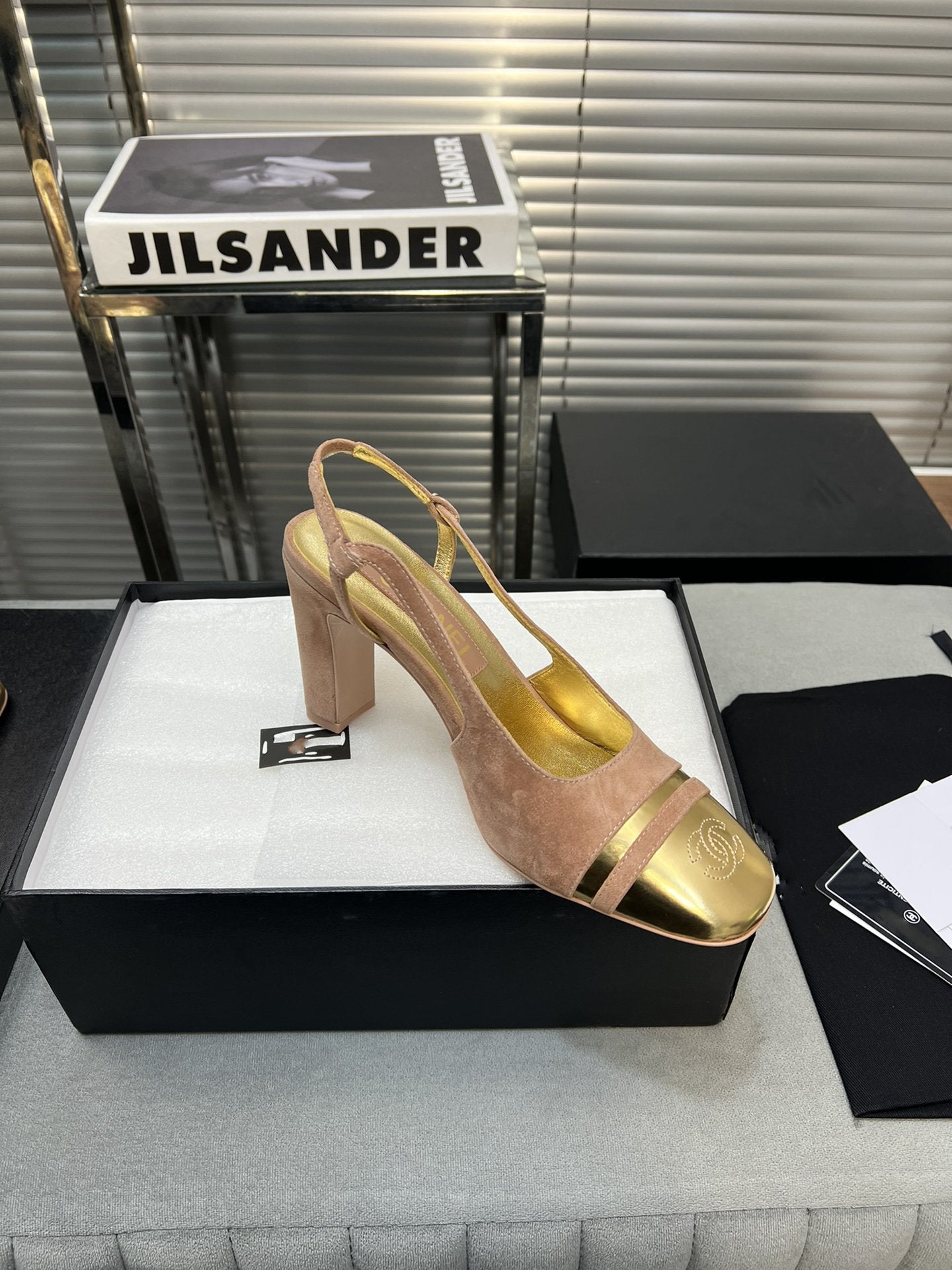 CHANEL slingback rose suede gold metalic lambskin square toe 9.5