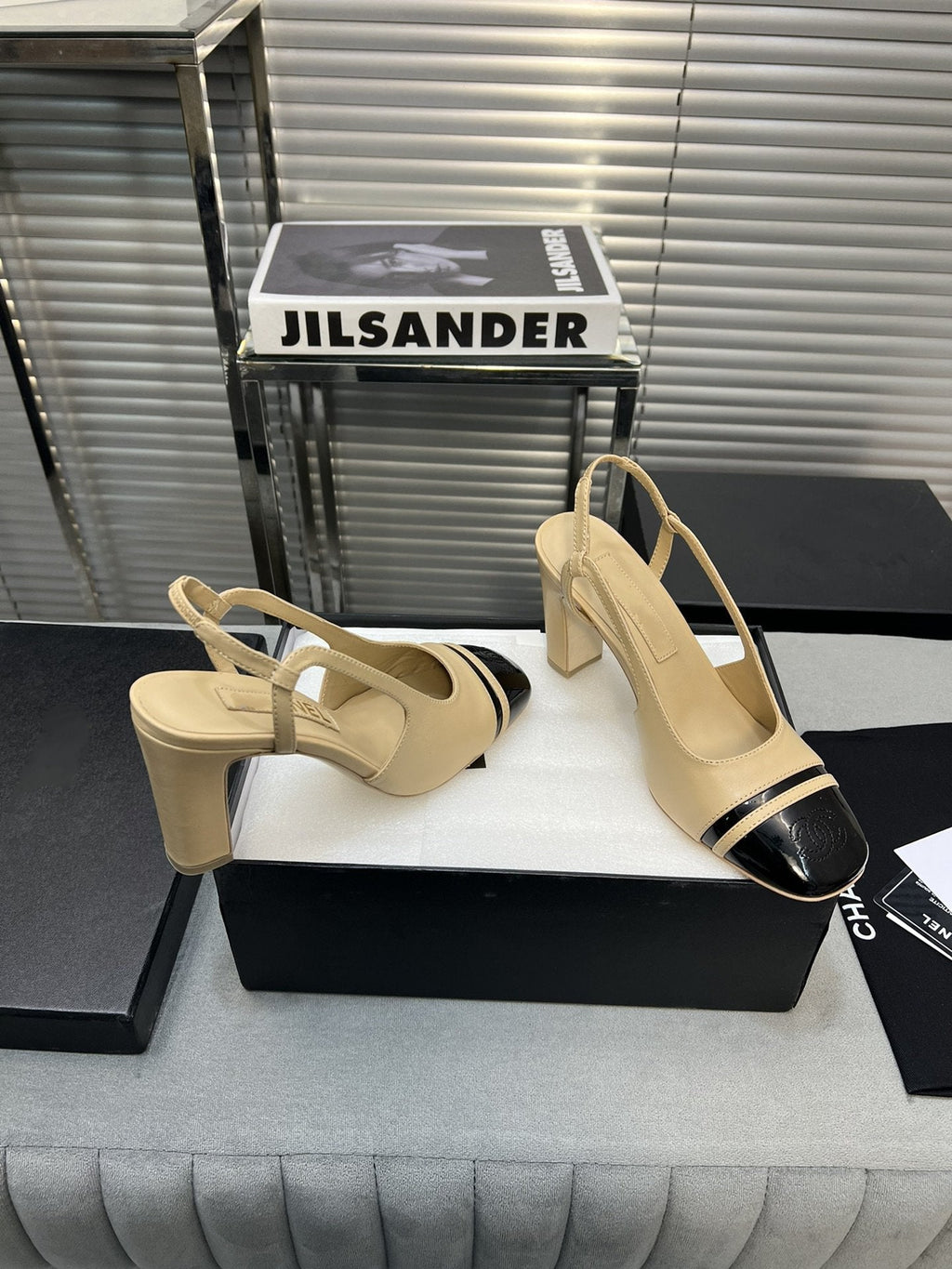 CHANEL slingback light beige suede silver metalic lambskin square toe 9.5
