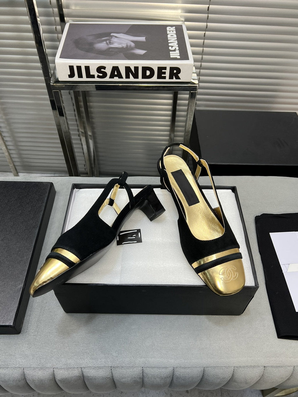 CHANEL slingback black suede gold metalic lambskin square toe 5.0