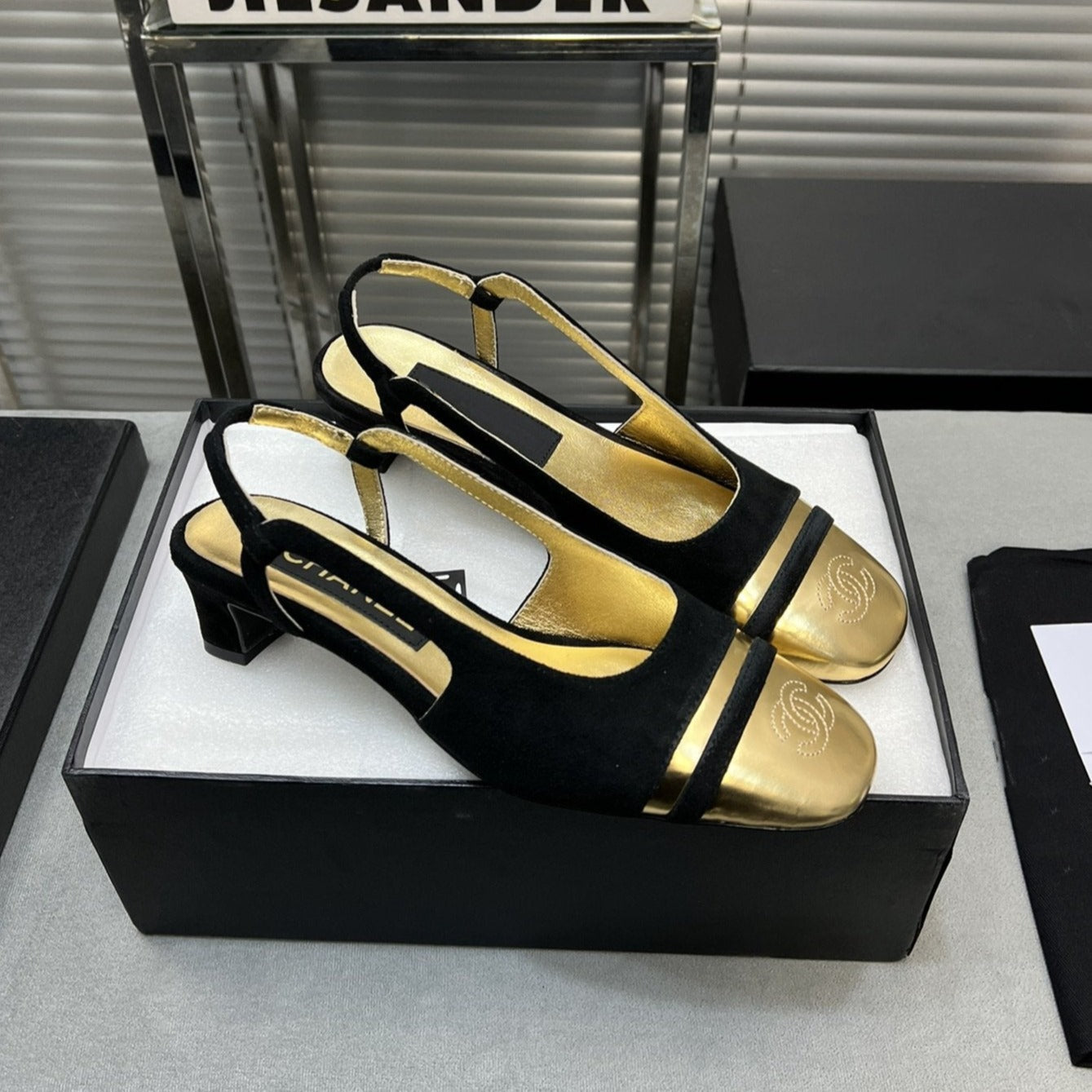 CHANEL slingback black suede gold metalic lambskin square toe 5.0