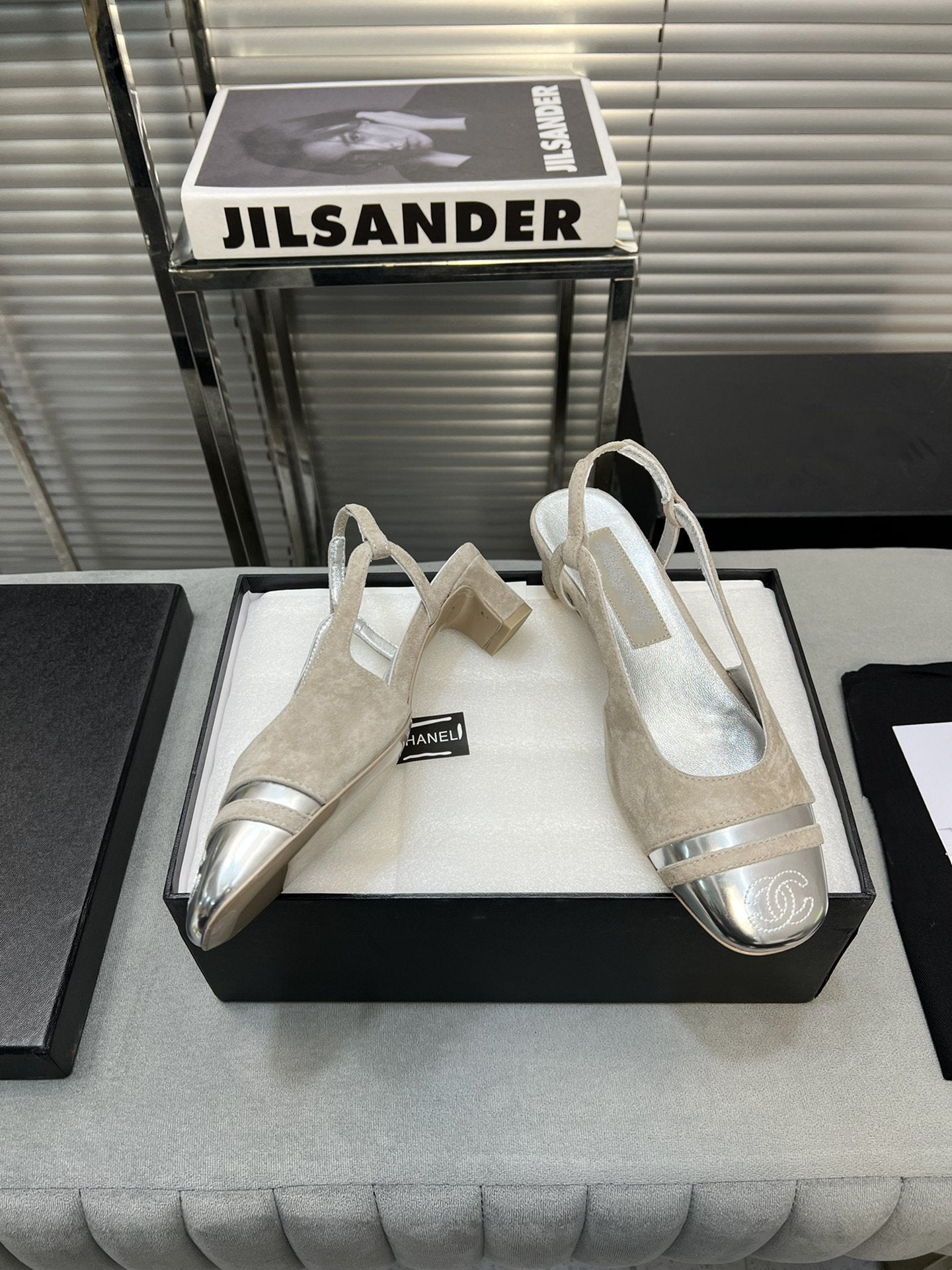 CHANEL slingback light beige suede silver metalic lambskin square toe 5.0