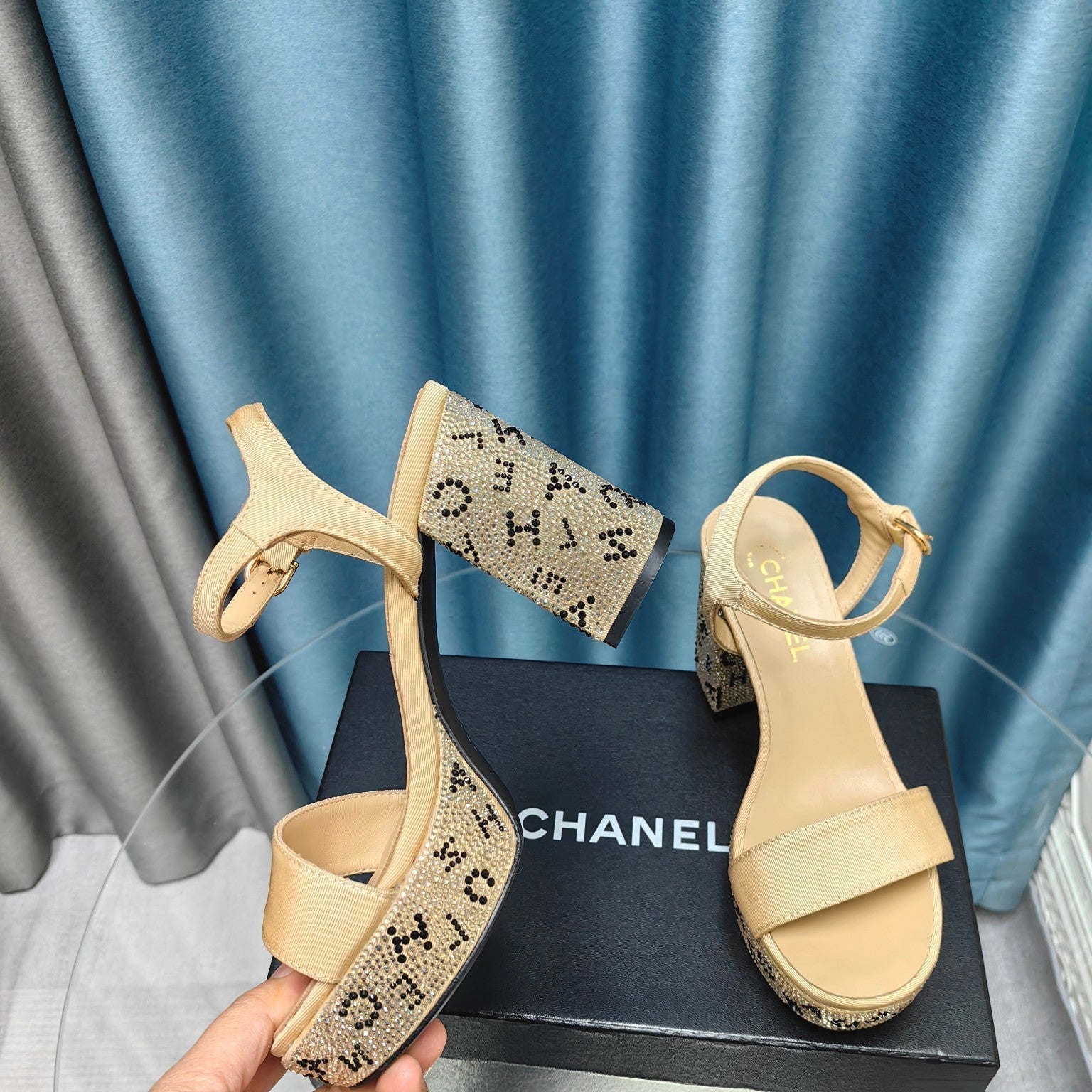 CHANEL Chunky Heel Rhinestone High Sandals Beige Cream Lambskin