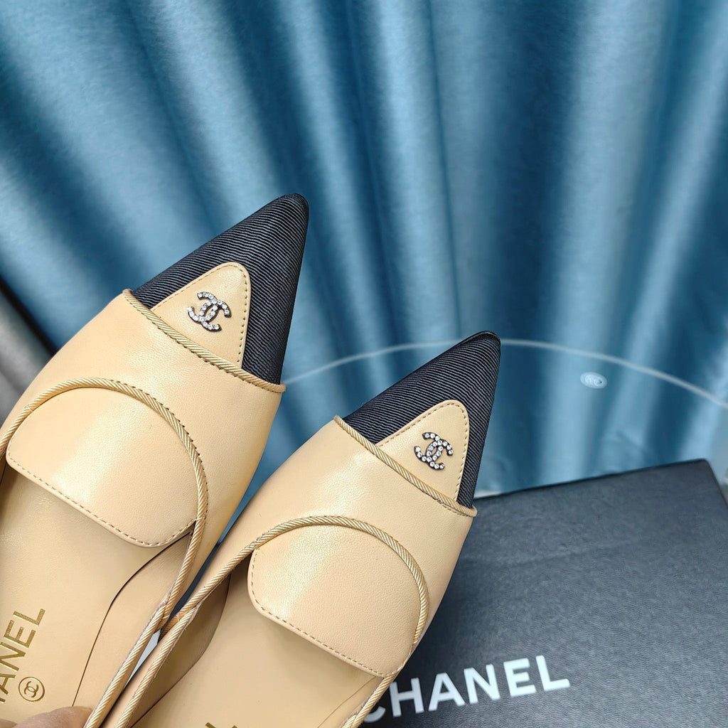 CHANEL BALLET FLAT DARK CREAM MIX BLACK SHEEPSKIN POINTED TOE