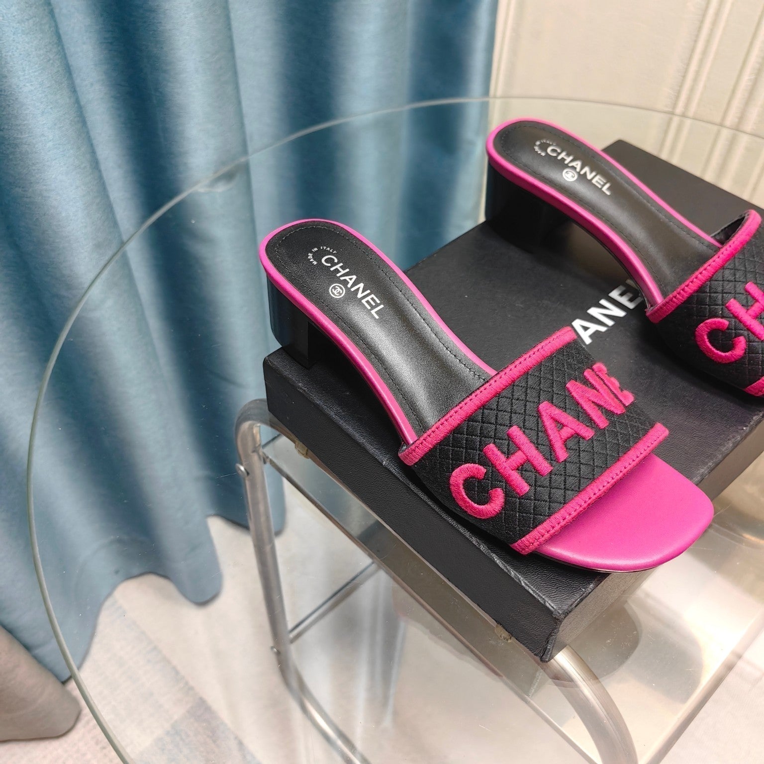 CHANEL MULE SANDAL 45 BLACK PINK FABRIC EMBROIDERY