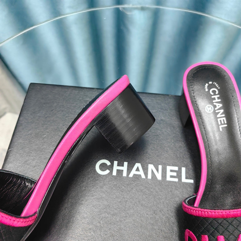 CHANEL MULE SANDAL 45 BLACK PINK FABRIC EMBROIDERY