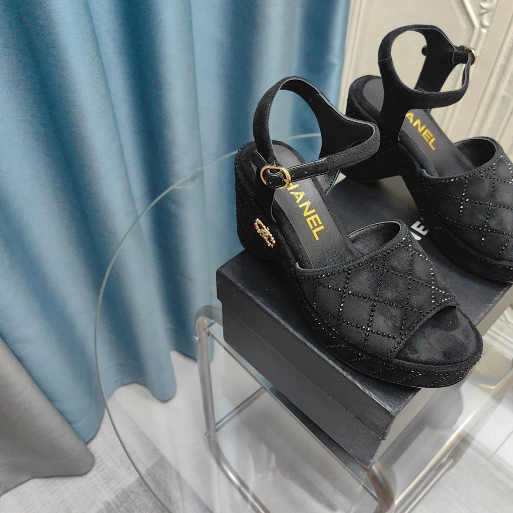 CHANEL THICK-SOLED WEDGE SANDALS IN BLACK SUEDE