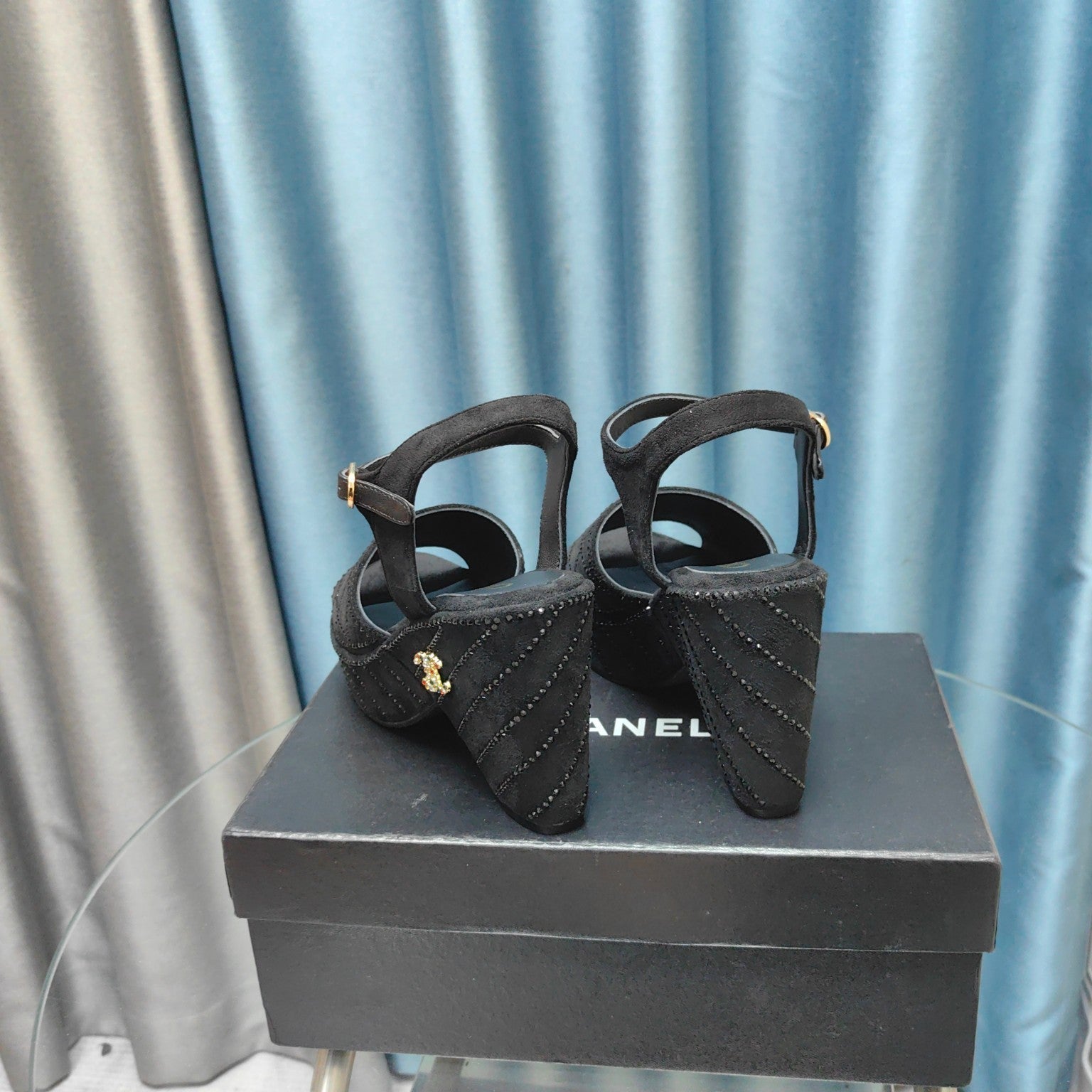 CHANEL THICK-SOLED WEDGE SANDALS IN BLACK SUEDE