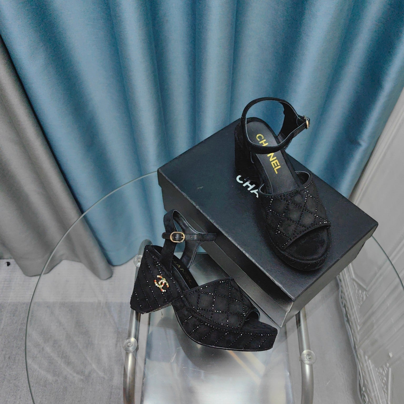 CHANEL THICK-SOLED WEDGE SANDALS IN BLACK SUEDE