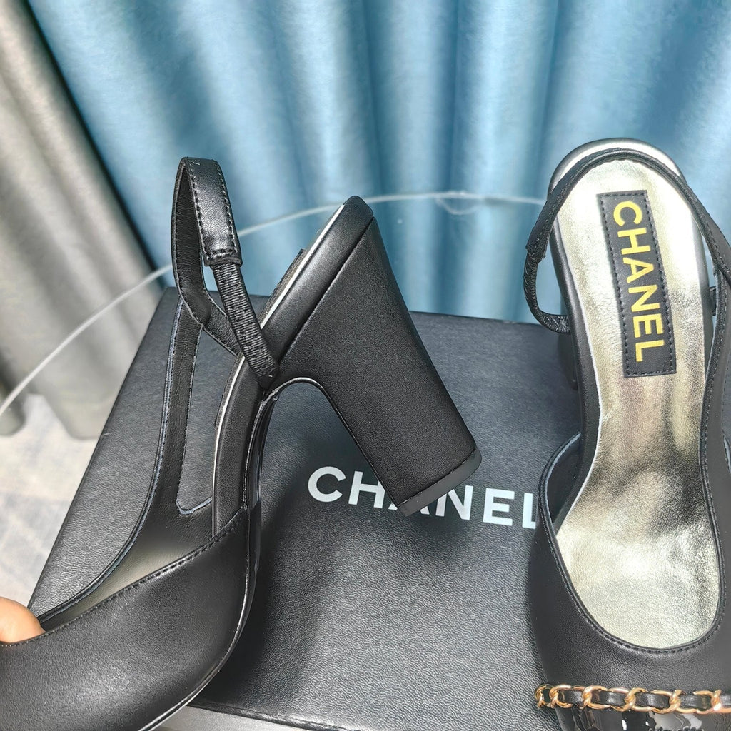 CHANEL HIGH SLINGBACKS IN BLACK LAMBSKIN