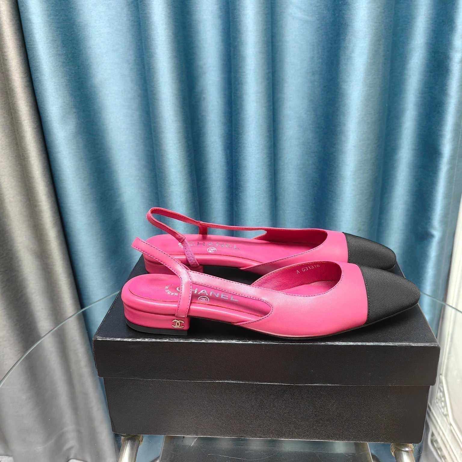 CHANEL SLINGBACKS IN BARBIE PINK MIX BLACK LAMBSKIN