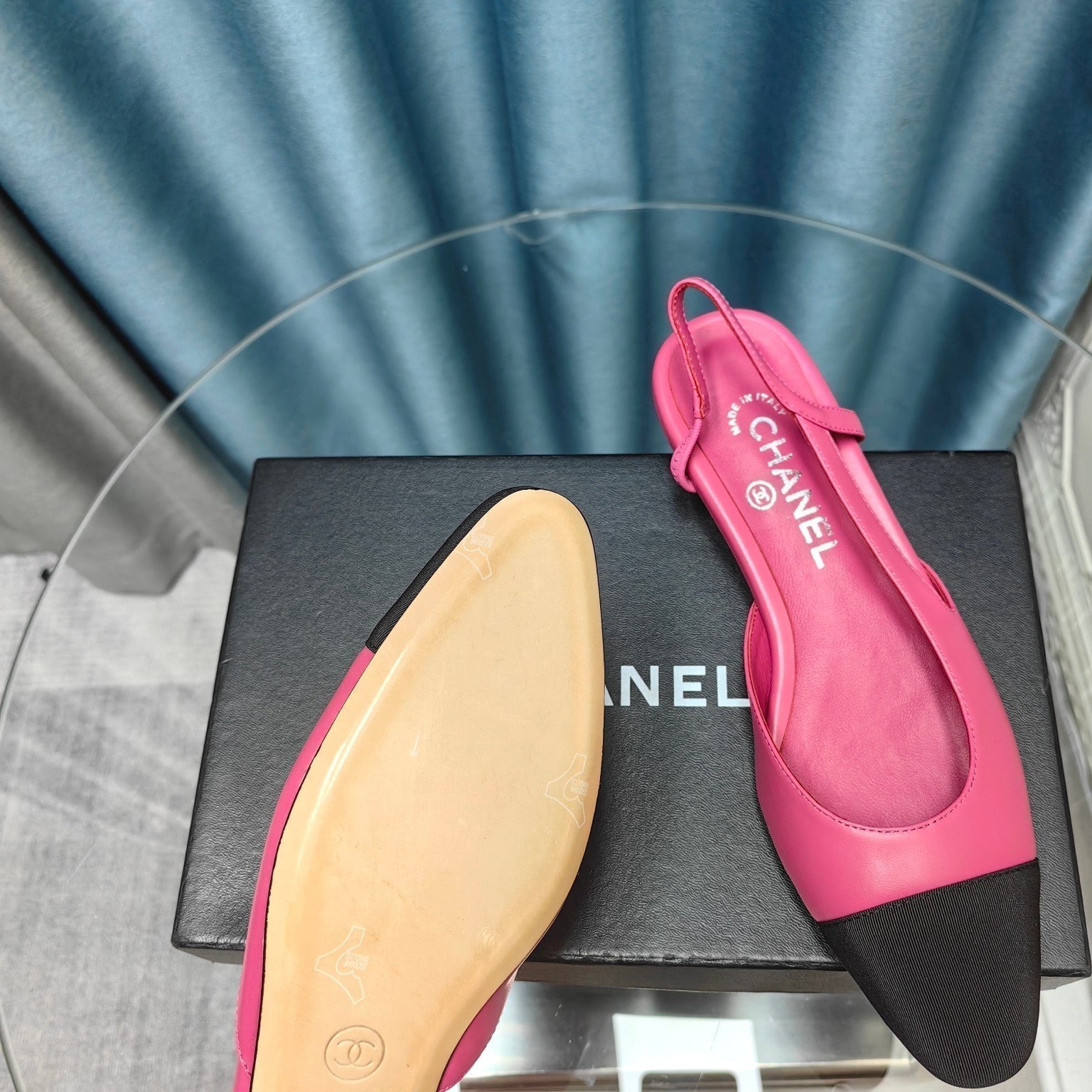 CHANEL SLINGBACKS IN BARBIE PINK MIX BLACK LAMBSKIN
