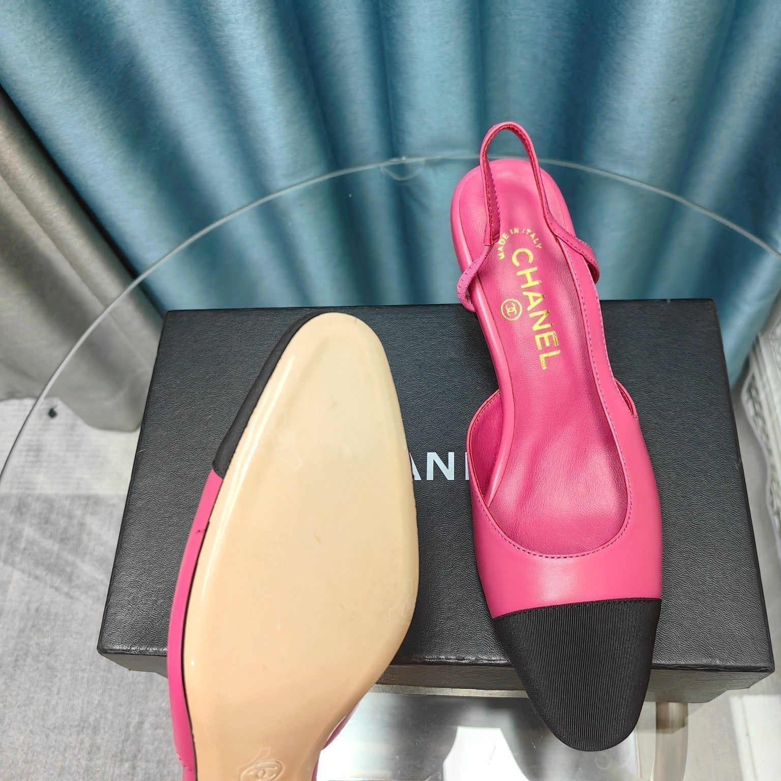 CHANEL HIGH SLINGBACKS IN BARBIE PINK MIX BLACK LAMBSKIN