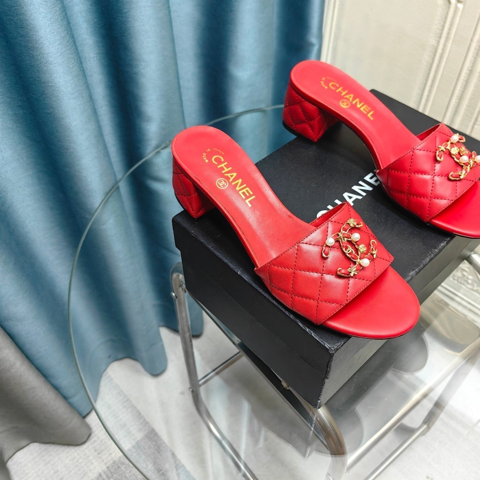 CHANEL MULE SLIDE SANDAL IN CHERRY RED LAMBSKIN