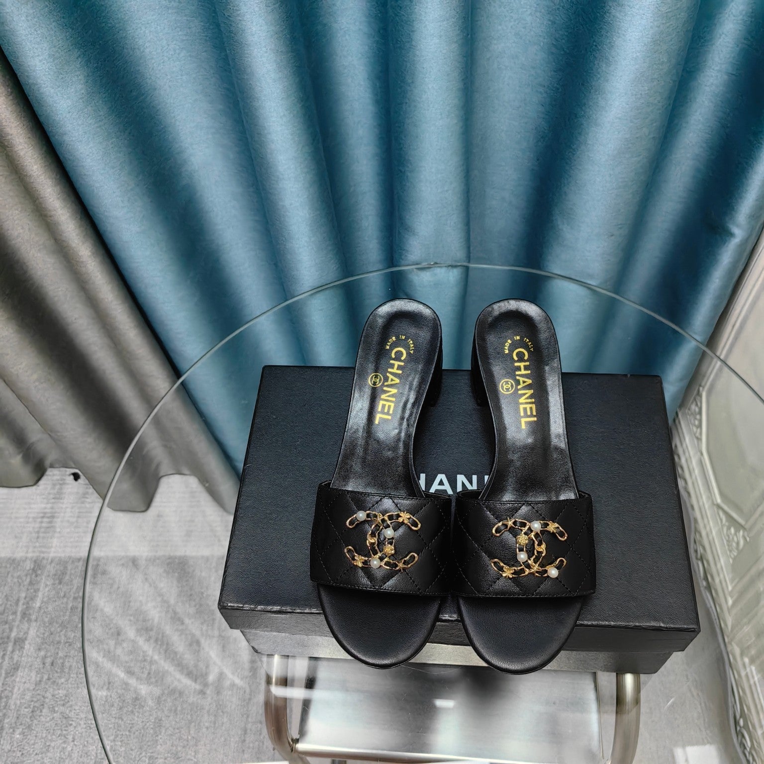 CHANEL MULE SLIDE SANDAL IN BLACK LAMBSKIN