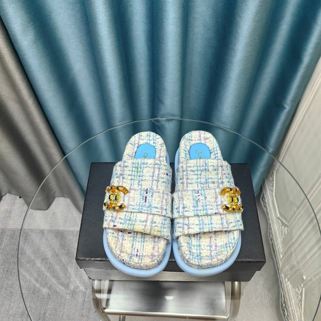 CHANEL PLATFORM HEELS SANDALS IN LIGHT BLUE TWEED
