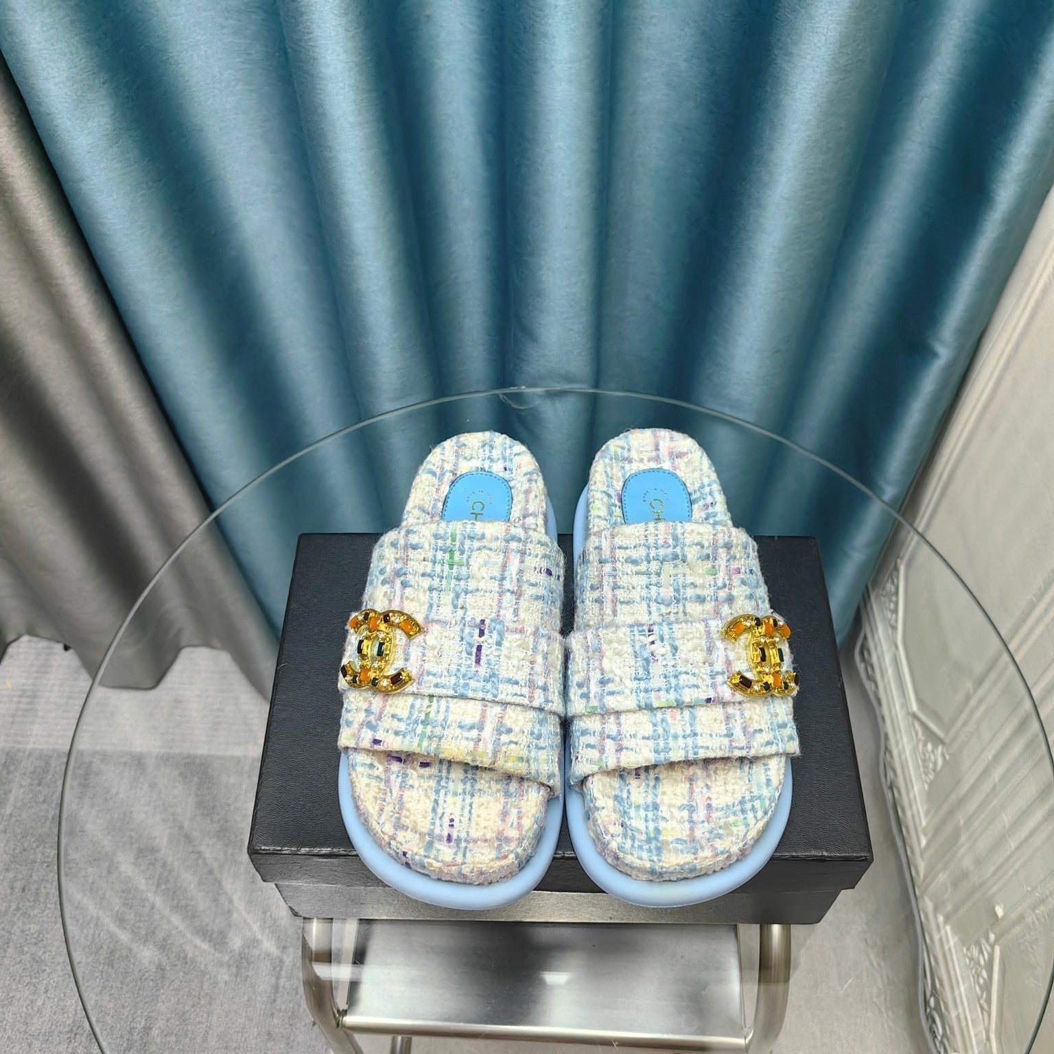 CHANEL PLATFORM HEELS SANDALS IN LIGHT BLUE TWEED