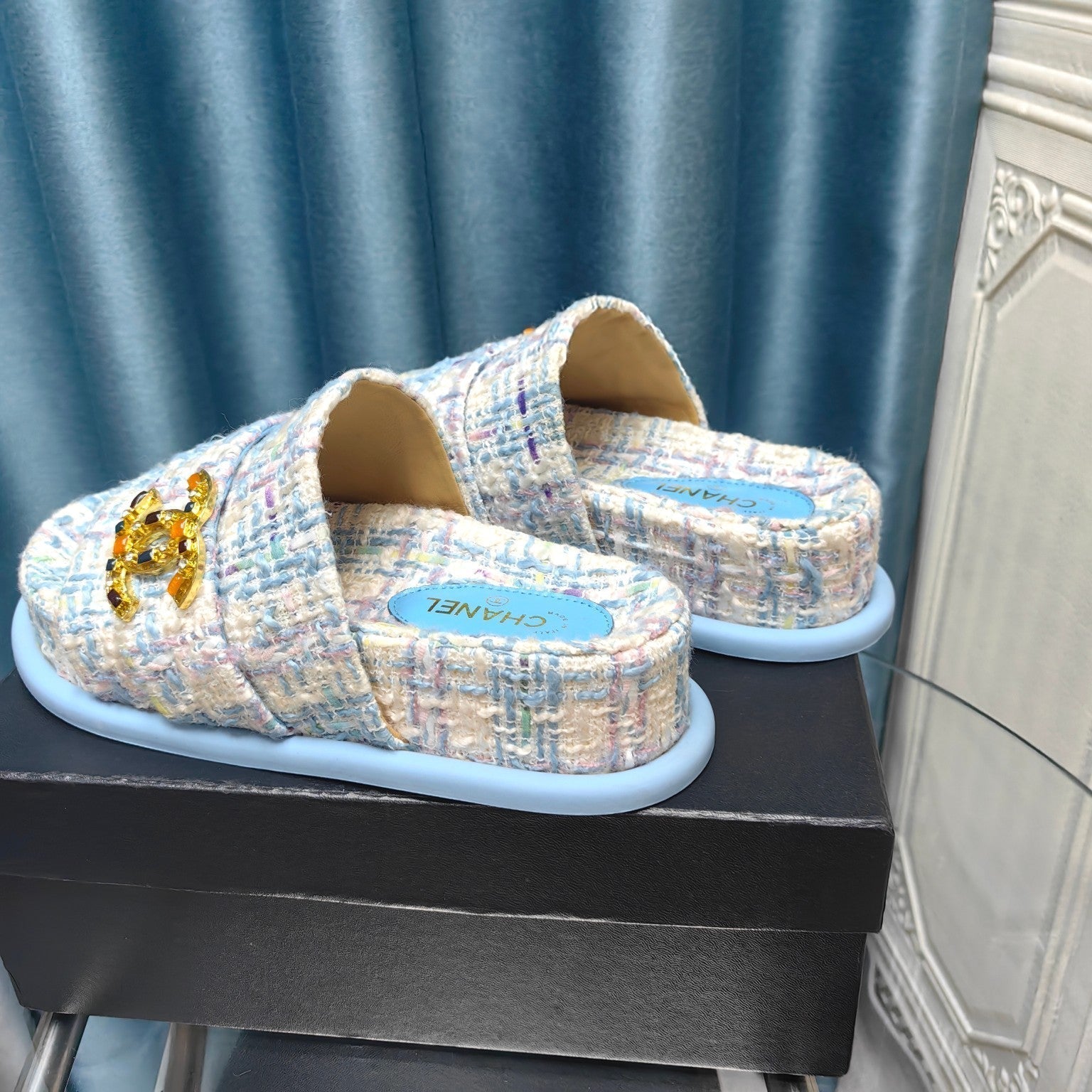 CHANEL PLATFORM HEELS SANDALS IN LIGHT BLUE TWEED
