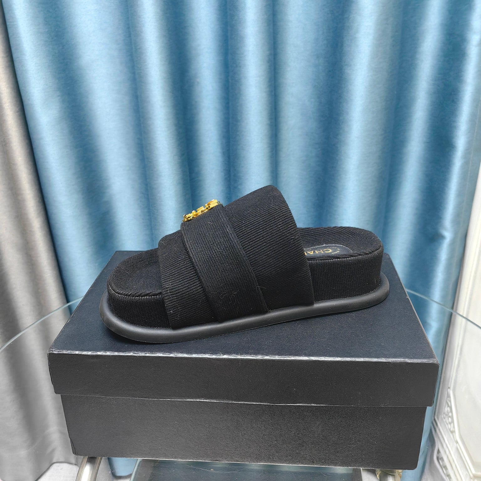 CHANEL PLATFORM HEELS SANDALS IN BLACK WOOLEN FABRIC