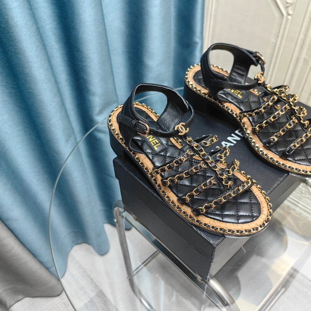 CHANEL HIGH SANDALS WITH THREE STRAPS IN BLACK CALFSKIN
