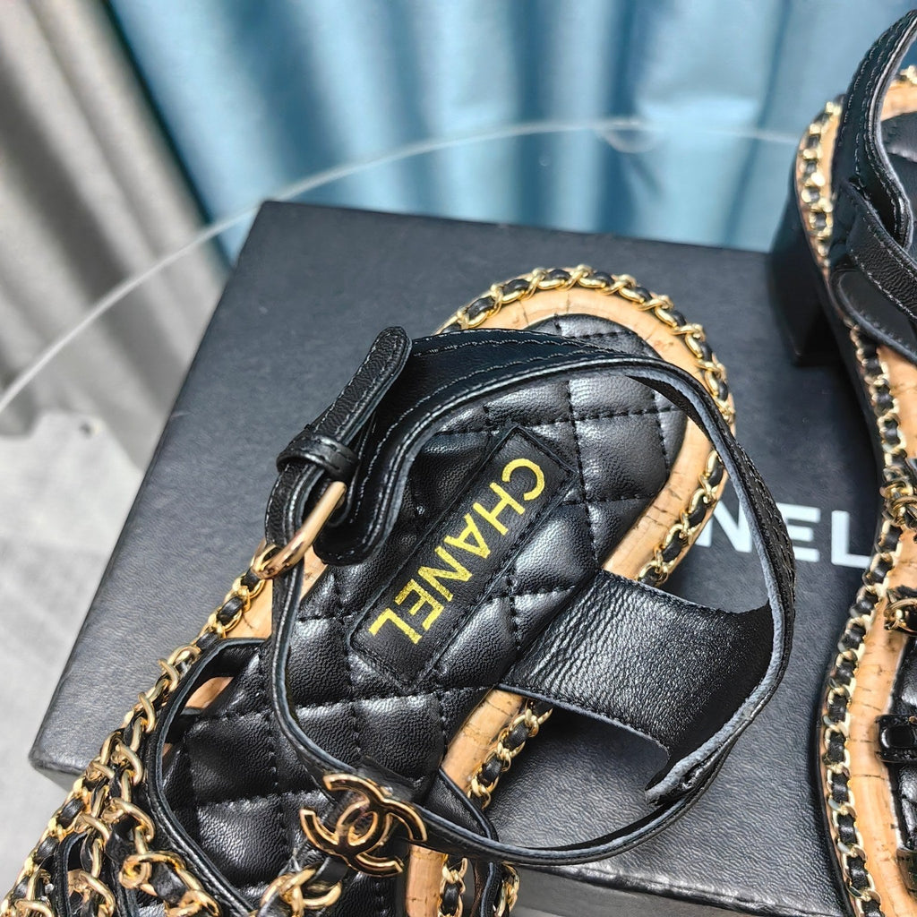 CHANEL HIGH SANDALS WITH THREE STRAPS IN BLACK CALFSKIN