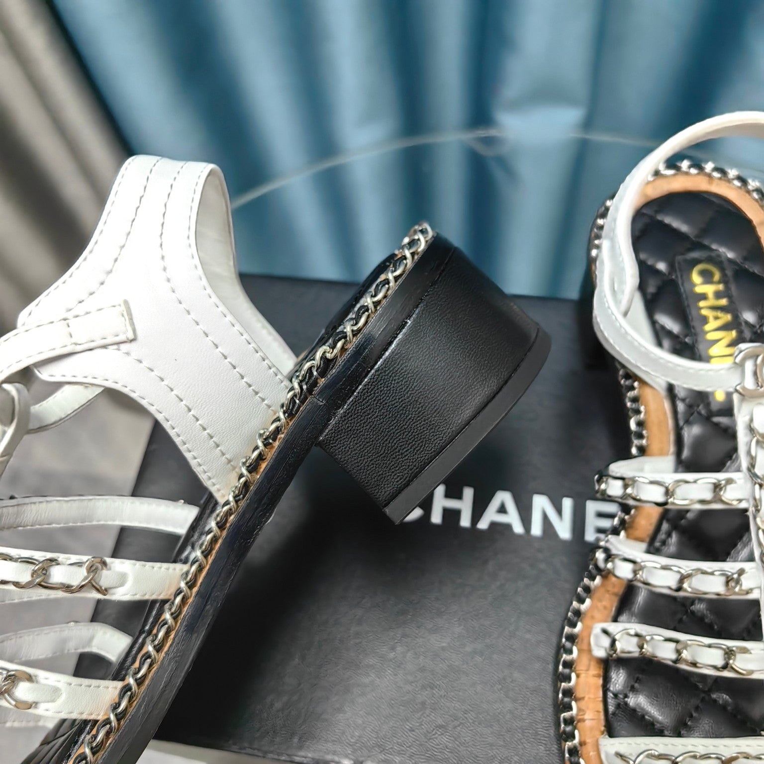 CHANEL HIGH SANDALS WITH THREE STRAPS IN WHITE CALFSKIN