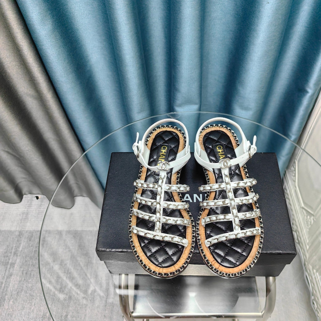 CHANEL HIGH SANDALS WITH THREE STRAPS IN WHITE CALFSKIN