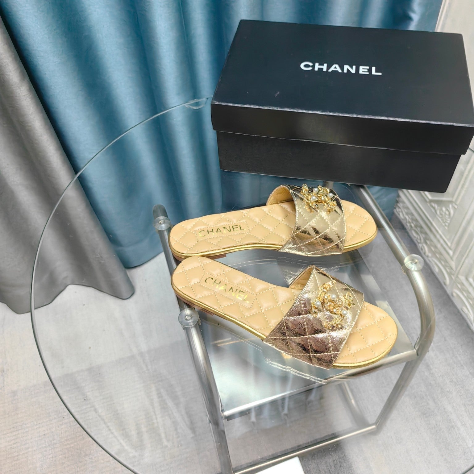 CHANEL QUILTED SLIPPERS SILVER MIX BEIGE CREAM SHEEPSKIN