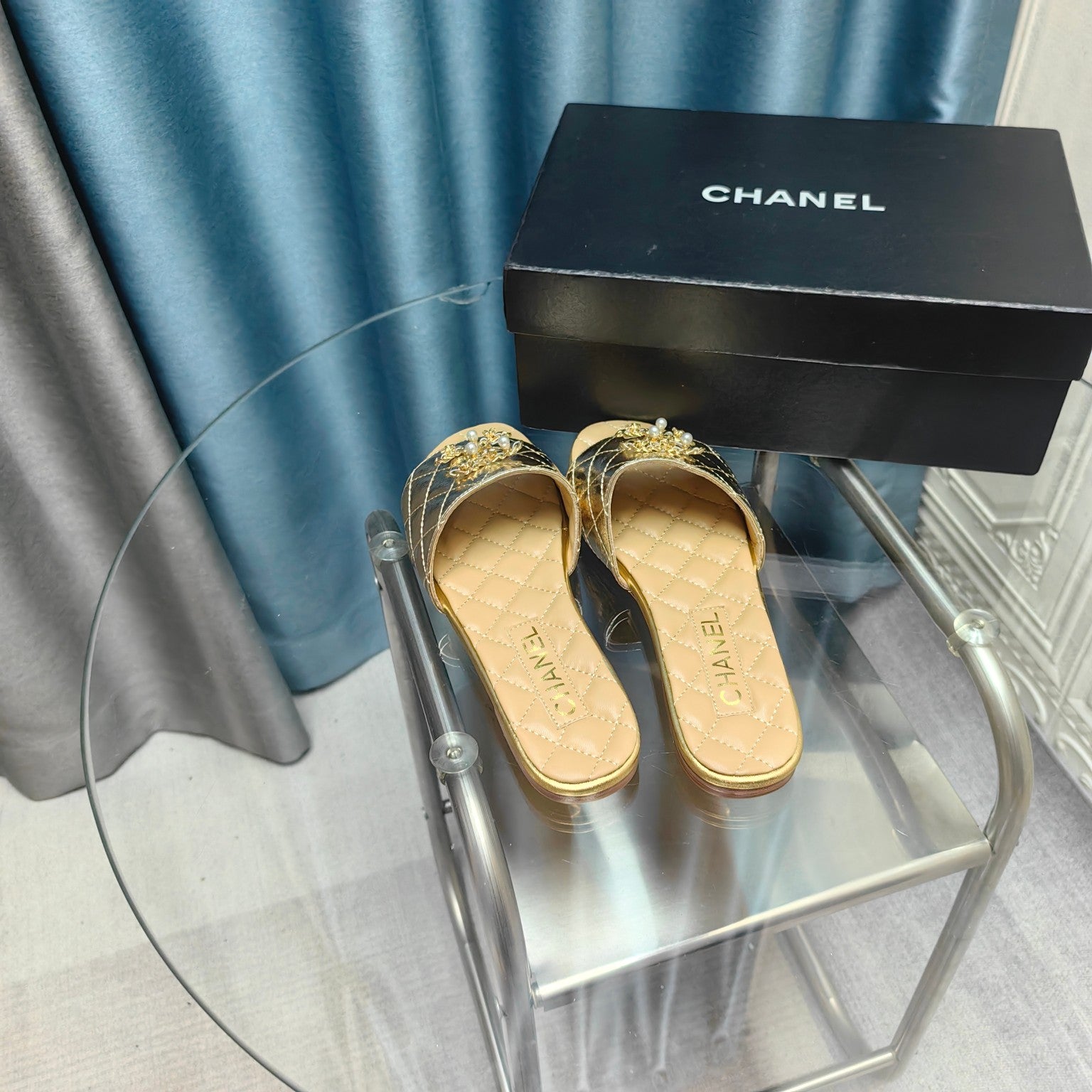 CHANEL QUILTED SLIPPERS SILVER MIX BEIGE CREAM SHEEPSKIN
