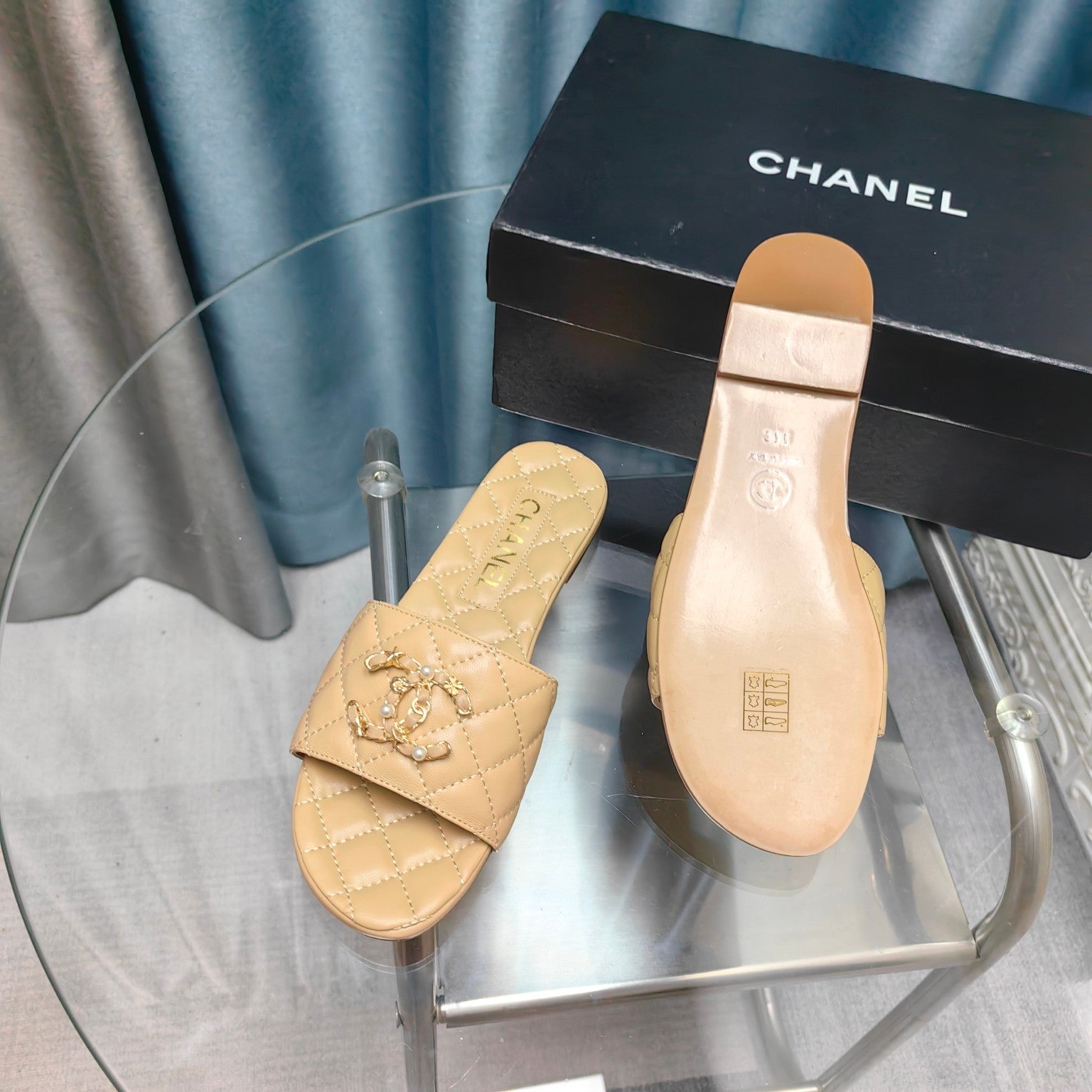 CHANEL QUILTED SLIPPERS BEIGE CREAM SHEEPSKIN