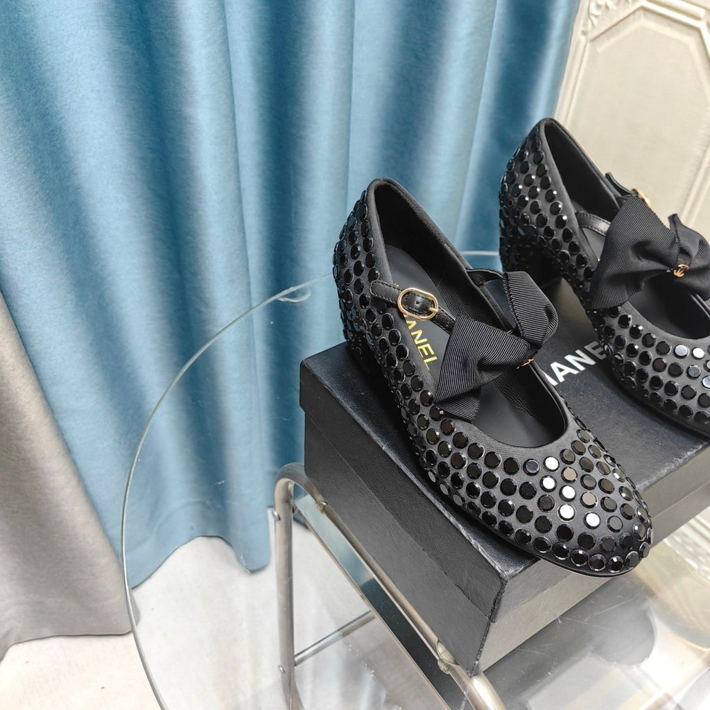 CHANEL HIGH MARY JANE BOW RHINESTONE BLACK SILK