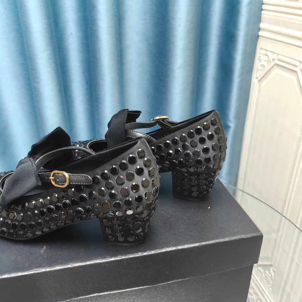 CHANEL HIGH MARY JANE BOW RHINESTONE BLACK SILK
