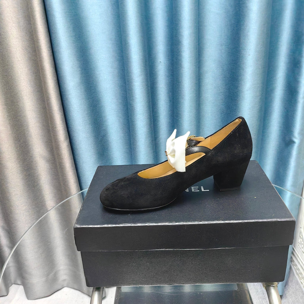 CHANEL HIGH MARY JANE SHOES BLACK SUEDE WITH WHITE BOW