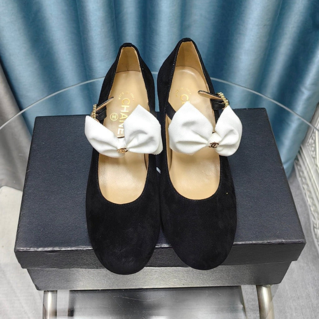 CHANEL HIGH MARY JANE SHOES BLACK SUEDE WITH WHITE BOW