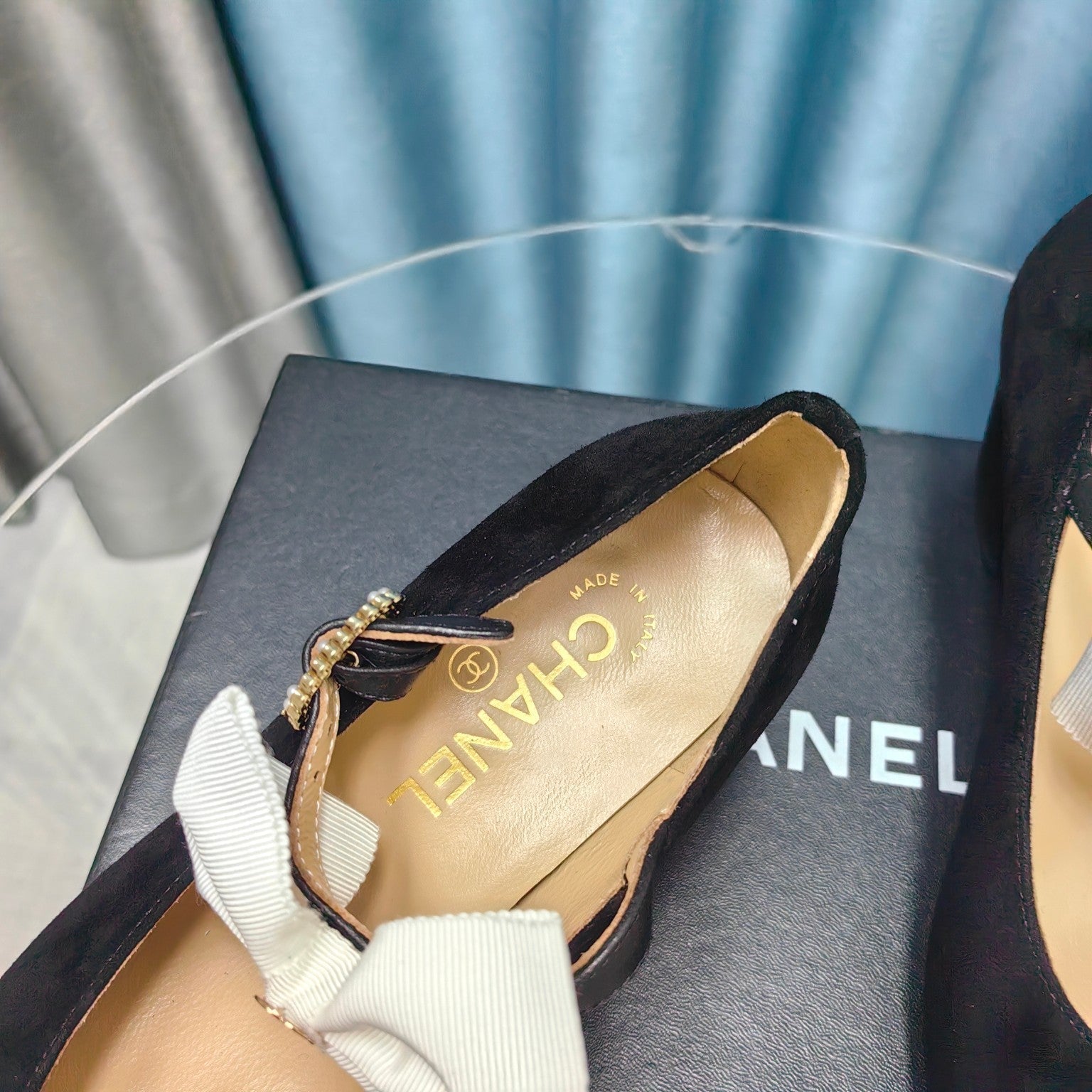 CHANEL HIGH MARY JANE SHOES BLACK SUEDE WITH WHITE BOW