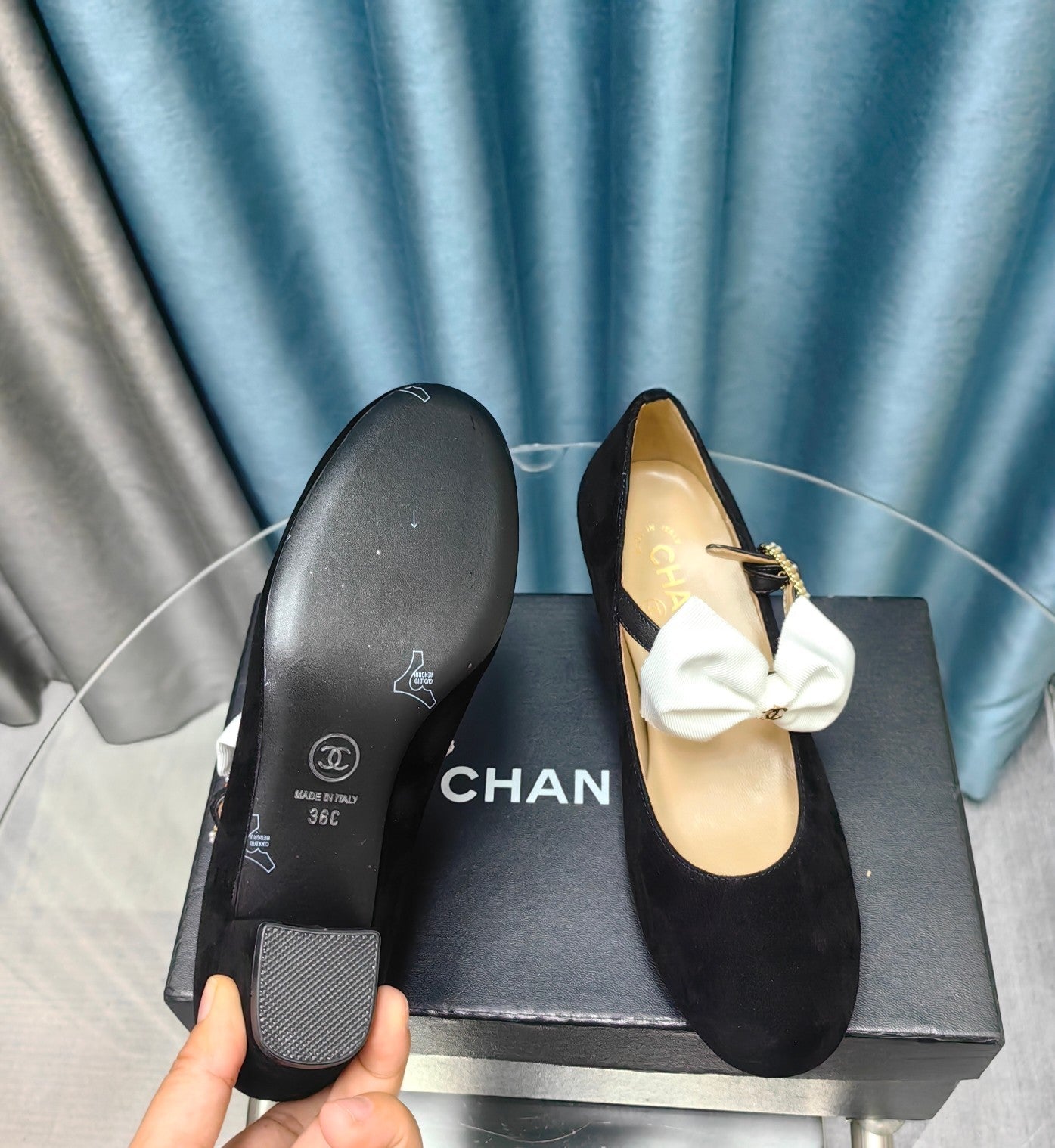 CHANEL HIGH MARY JANE SHOES BLACK SUEDE WITH WHITE BOW