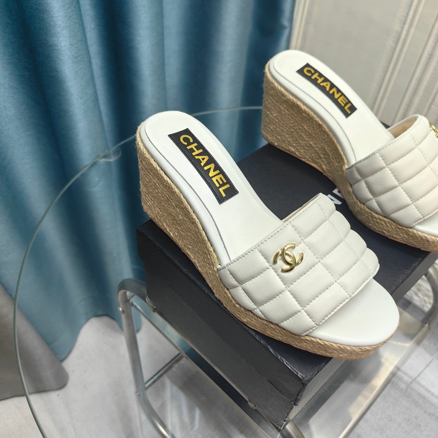 CHANEL WEDGE WHITE SHEEPSKIN