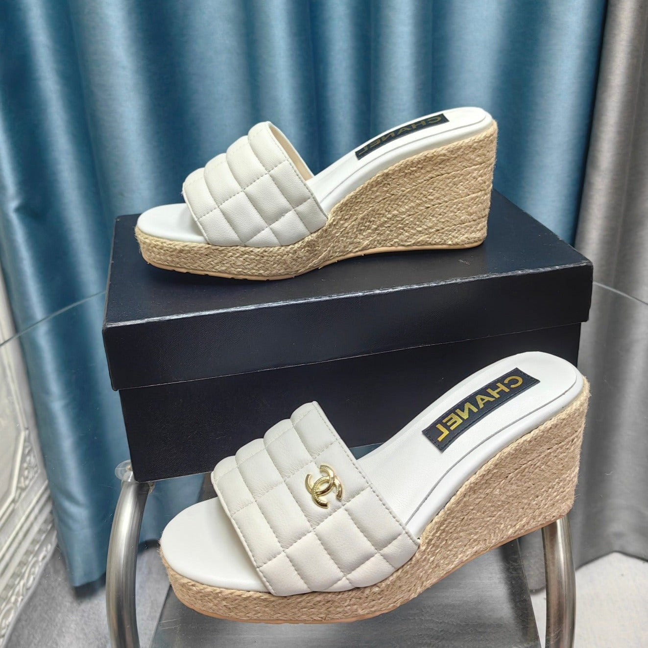 CHANEL WEDGE WHITE SHEEPSKIN