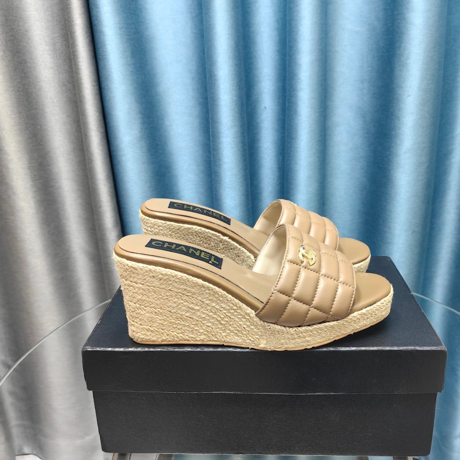 CHANEL WEDGE CAMEL BEIGE SHEEPSKIN