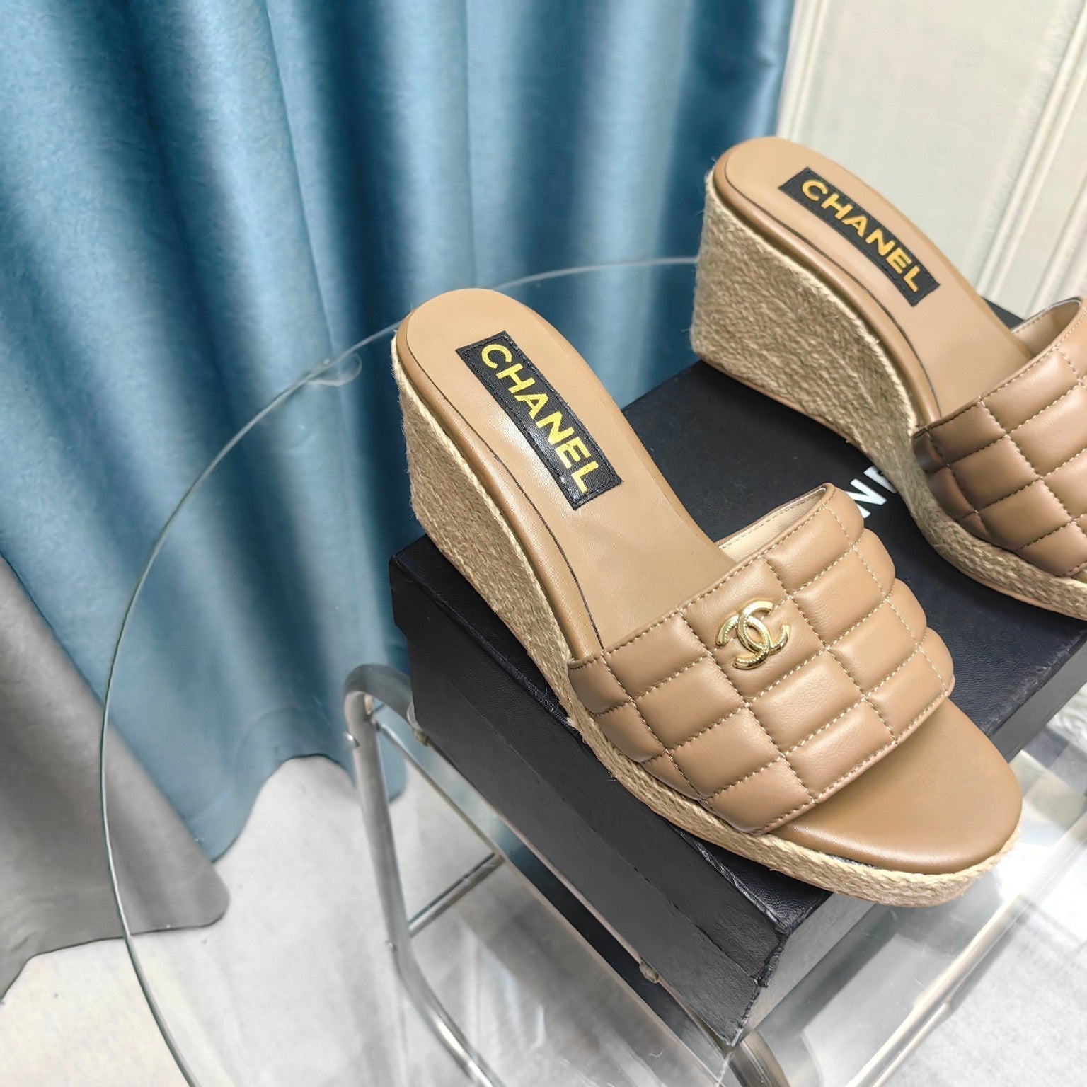 CHANEL WEDGE CAMEL BEIGE SHEEPSKIN