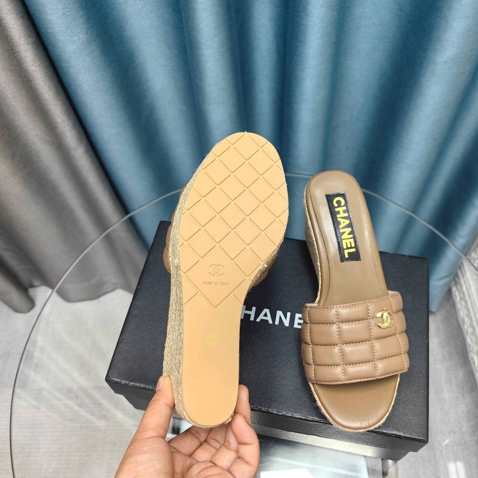 CHANEL WEDGE CAMEL BEIGE SHEEPSKIN