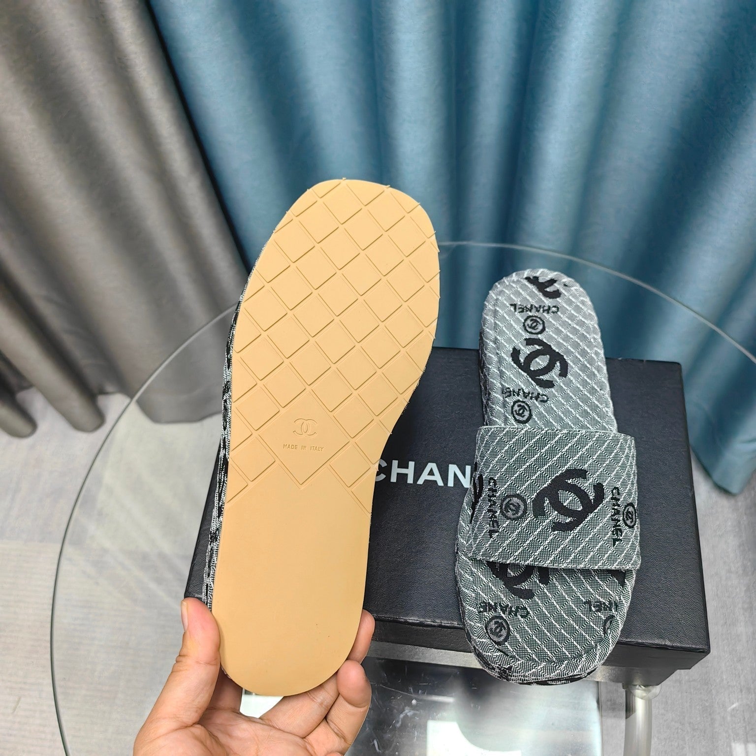 CHANEL THICK-SOLE SLIPPERS GREY SATIN